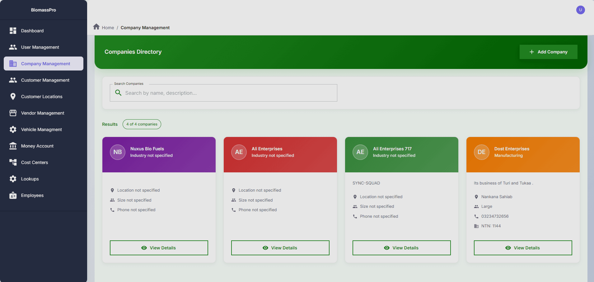 Biomass Operations — Web portal, company management and directory